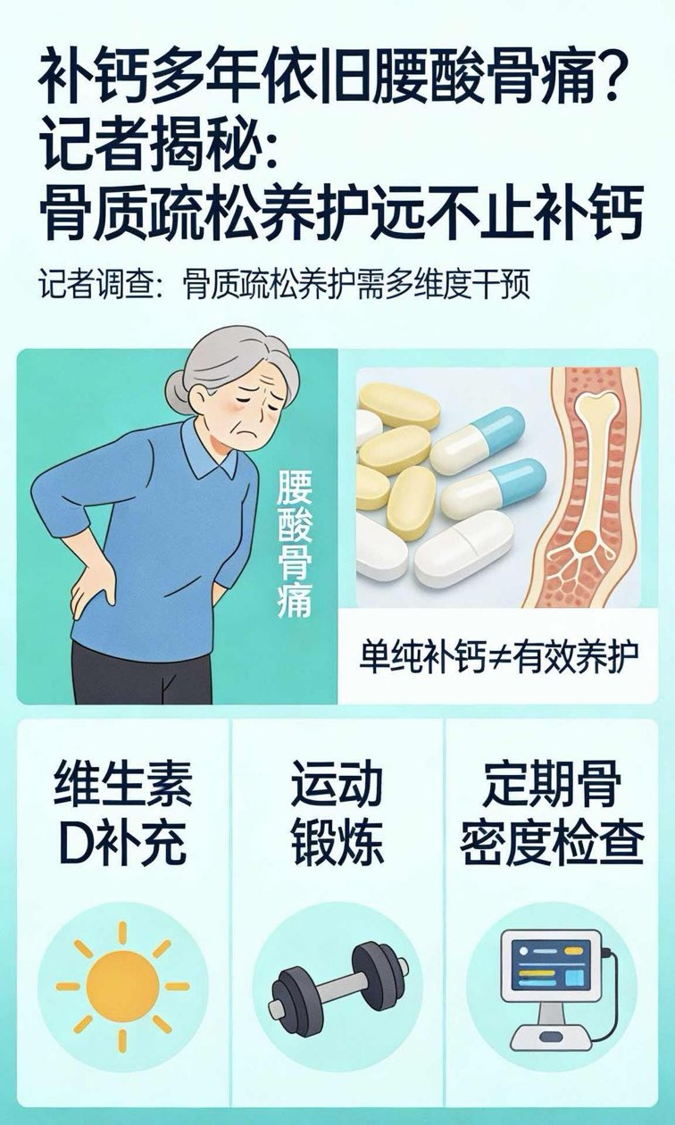 补钙多年依旧腰酸骨痛?记者揭秘:骨质疏松养护远不止补钙 补钙多年依旧腰酸骨痛?记者揭秘:骨质疏松养护远不止补钙